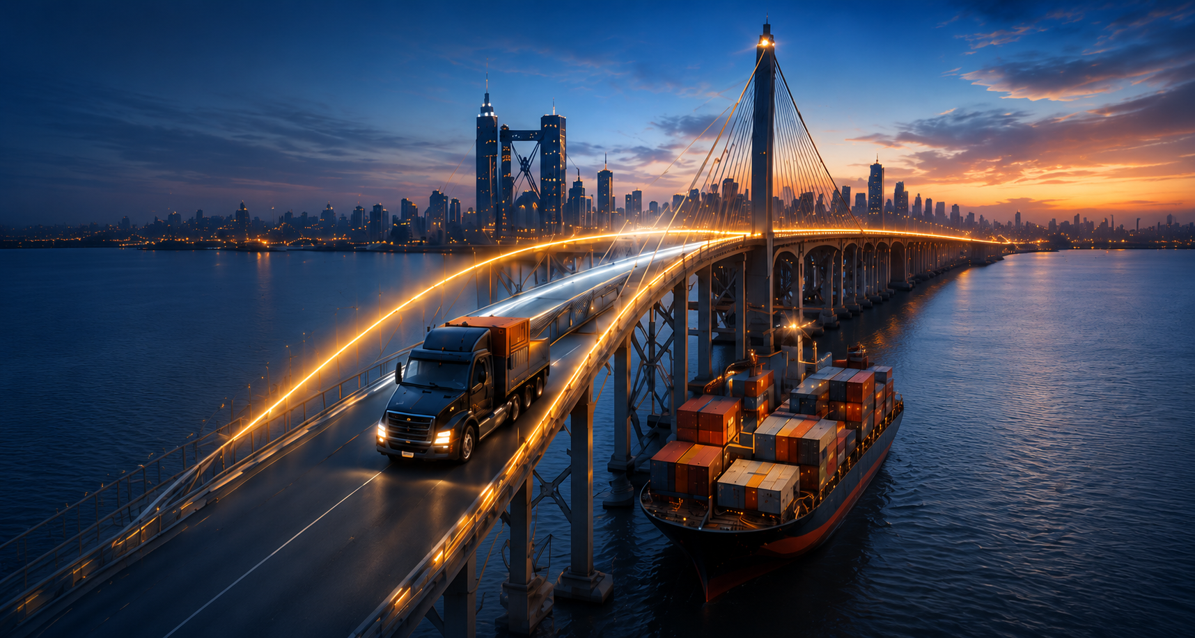 Bridge at dusk with freight truck and container ship