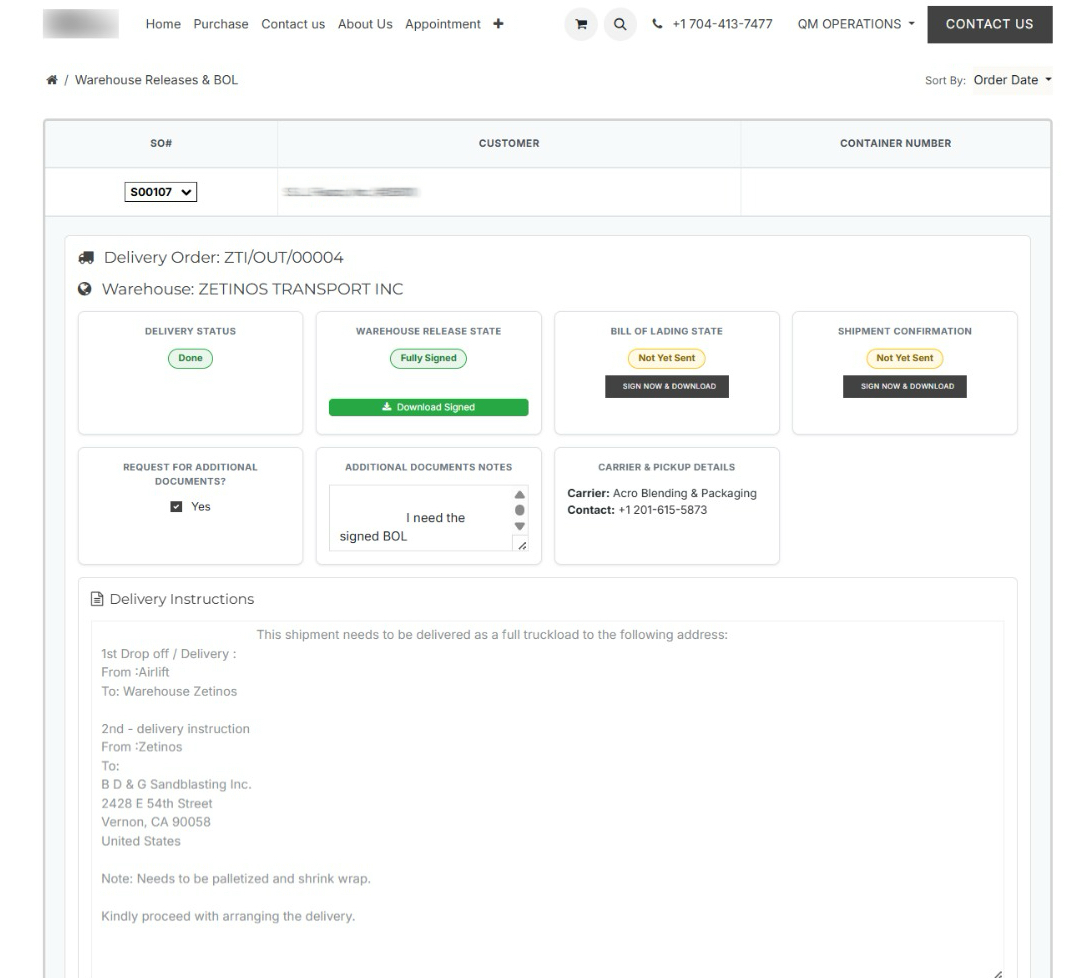 Warehouse Portal showing delivery status, warehouse release state, BOL state, carrier details and delivery instructions