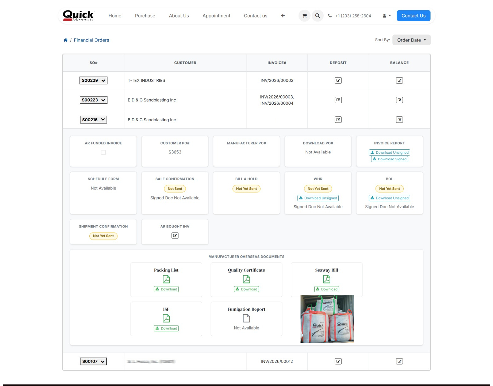 Finance Portal — Financial Orders view showing SO#, invoices, deposits, balances and full document management