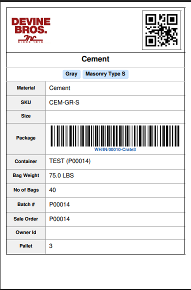 Product label showing SKU, barcode, QR code, batch and pallet details