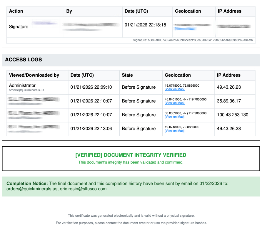 Audit certificate showing signature hash, access logs with geolocation and IP addresses, and document integrity verification