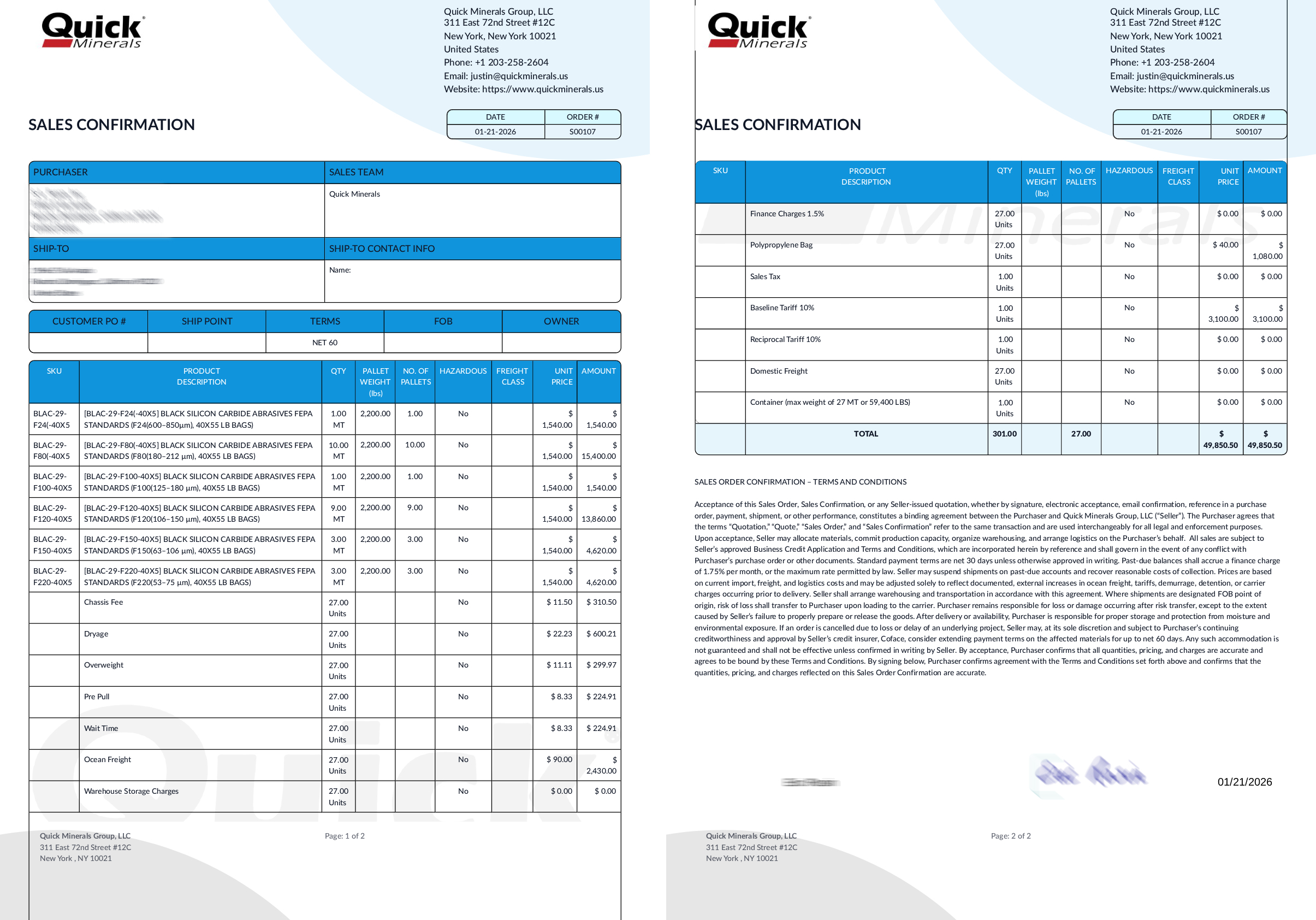 Signed Sales Confirmation document with full SKU list, pricing, and freight charges